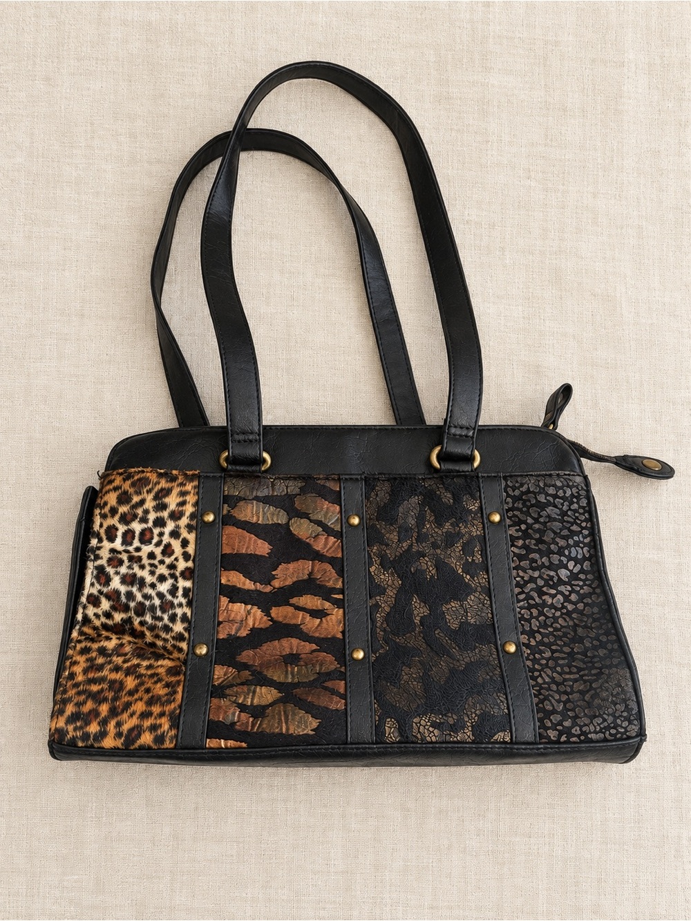 Vintage Y2K Maggie Barnes Animal Print Shoulder Bag Faux Fur Black